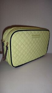TOMMY HILFIGER XL Zip Cosmetic Bag NEO Yellow Quilted Nylon & Navy Faux Leather