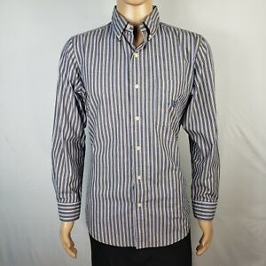 Chaps Mens Dress Shirt M Medium Gray Blue White Striped Casual Long Sleeve
