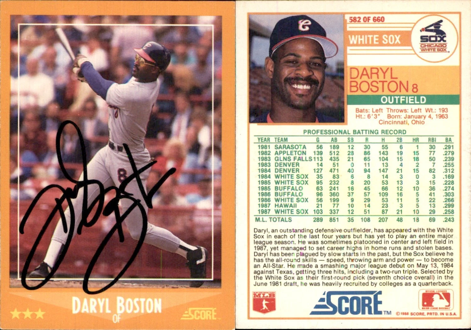 Daryl Boston Signed 1988 Score #582 Card Chicago White Sox Auto AU