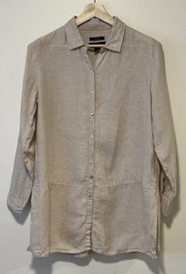 Tahari 100% Linen Longline Button Shirt Size Medium Natural Tan Beach Minimalist - Picture 1 of 8