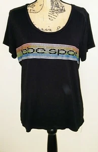 Bebe Sport Logo Rainbow T-Shirt Large, Stretch Black, Mesh Shoulders, Cap Sleeve - Picture 1 of 10