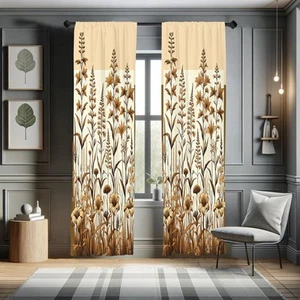 Vintage Botanical Window Curtains, Blossoming Meadow in Fall Colors Leaves an... - Picture 1 of 4