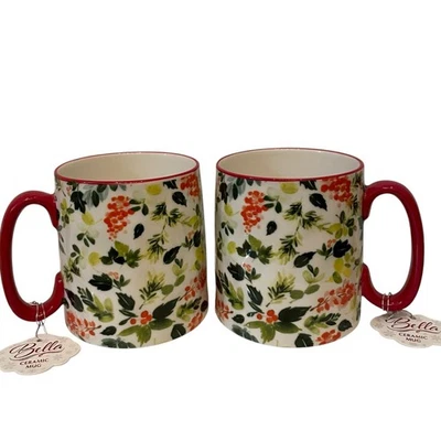 Juego de 2 tazas de cerámica floral acebo verde y rojo Strawberry Street Bella nuevas Foto 1 de 4