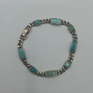 Vintage Signed LC Bracelet – Square & Rectangle Turquoise‑Color Ornates 8" - Picture 1 of 6