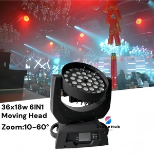 36x18w 6IN1 LED Wash Zoom 10-60° Moving Head DJ Disco Wedding DMX Stage Lighting - Picture 1 of 10