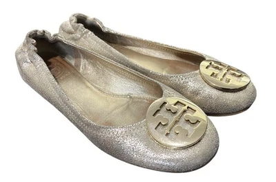 Tory Burch Dorado Metálico Gamuza Reva Scrunch Ballet Pisos Logo Mujer Talla 7-7.5 Foto 1 de 4