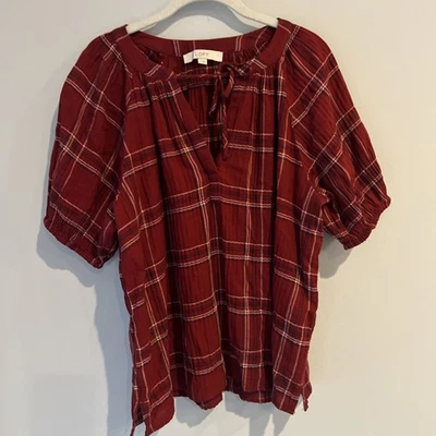 LOFT Red Black Plaid Plaid Puff Sleeve Top V Neck Blouse  Classic Sz L - Image 1 of 4