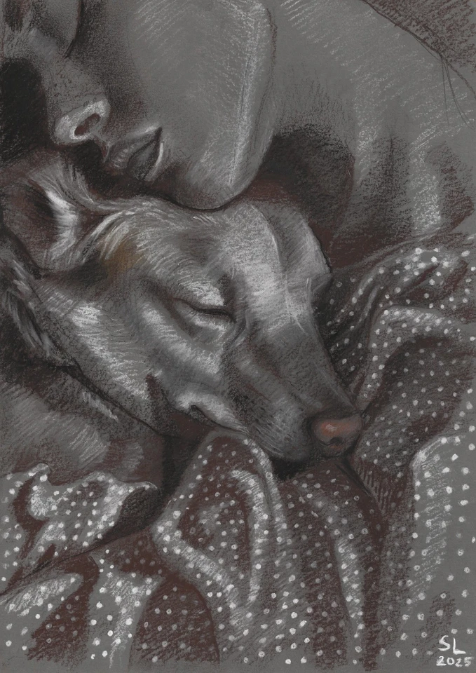 dibujo original A4 95SL ilustraciones pastel moderno mujer y perro retrato Foto 1 de 1