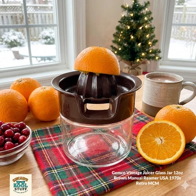 Exprimidor de cítricos Gemco vintage años 70 tarro de vidrio escariador manual tapa marrón EE. UU. MCM Foto 1 de 4