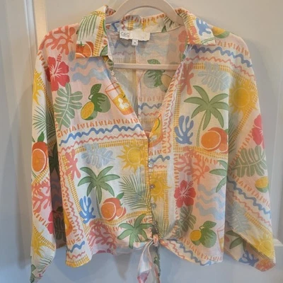 C&C CALIFORNIA Summer Tropical Linen Blend Dolman Sleeve Boxy Crop Top Size Med - Image 1 of 4