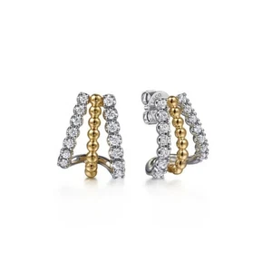 14K Two Tone  Gold 0.34ctw G-H/SI2 Three Row Diamond J Hoop Beaded Earrings - Picture 1 of 3