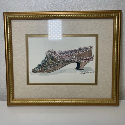 Victorian Floral Shoe Peggy Abrams Watercolor Wall Art Framed Print Gold Frame - Image 1 of 4