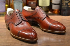 Men Bespoke Handmade Genuine Grain Tan Leather Oxford Brogue Toe Cap Derby Shoes - Picture 1 of 6