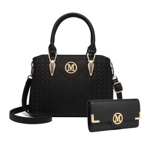 Black Ladies Handbag Work Bag Faux Leather Medium Shoulder Tote Bag Purse 2pcs - Picture 1 of 29
