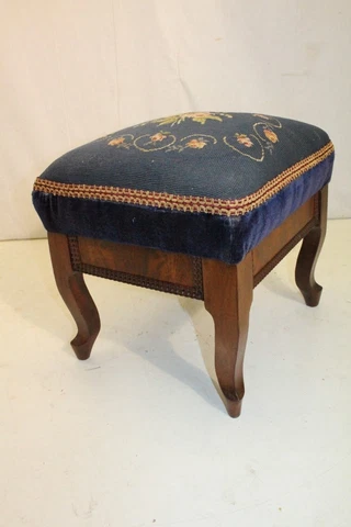 Darling Early American Mahogany Footstool Foot Rest With Needlepoint Cover