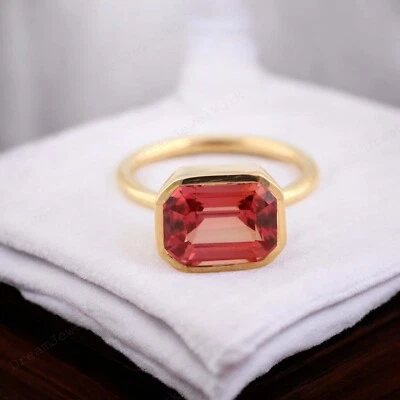 Anillo Padparadscha Zafiro Natural Corte Baguette Oro Amarillo 14k 14x12 MM Foto 1 de 4