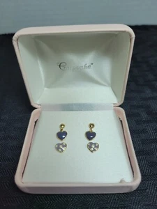 14K Gold On 925 Sterling Silver Stud Earrings Purple Enamel Heart Dangle LMTS - Picture 1 of 7