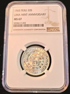 1965 PERU SILVER 20 SOLES LIMA MINT ANNIVERSARY NGC MS 67 STELLAR LUSTER GEM BU  - Picture 1 of 4