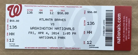 2014 WASHINGTON NATIONALS vs ATLANTA BRAVES OPENING DAY TICKET 4/4/2014 Cover