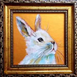 Linda pintura de conejo original enmarcada en oro arte conejo blanco pintura de conejo - Imagen 1 de 12