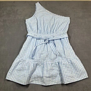 Chloe + Rene Kleid 1X Blau Gingham Seersucker One-Shoulder Gürtel Fit & Flare - Bild 1 von 7