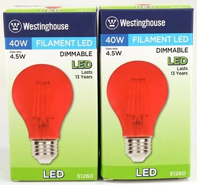 New Set Of 2 Westinghouse A19 40W Filament LED Dimmable Red Light Bulb 51260 - Image 1 of 2