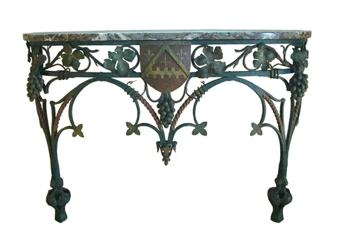 Neo Gothic Wrought Iron & Marble Console Table with Crest - France - Circa 1850 Cover