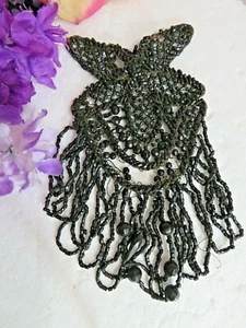 ANTIQUE Gothic VICTORIAN beadwork DRESS APPLIQUE black JET glass BEADS 3.5 x 6" - Picture 1 of 7