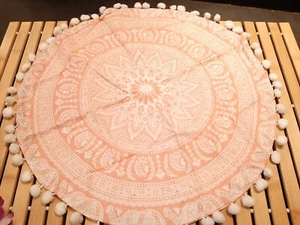 18" ROUND ELEPHANT MANDLA POM POM PILLOW COVER Peach / White  NEW #M16 - Picture 1 of 3