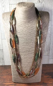 Earth Tone Vintage Layered Muti Strand Oblong Acrylic Beaded Necklace 32" - Picture 1 of 6