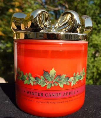 Bath & Body Works WINTER CANDY APPLE 3-Wick CANDLE Bow Lid 14.5 oz NEW in BOX - Image 1 of 4