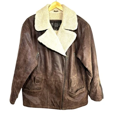 Vintage 90s Women's WINLIT Leather Zip Up Jacket with Sherpa Collar Brown Large - Image 1 of 4