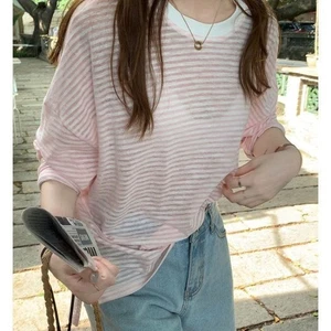 Lady Striped Thin Blouse Sun Protect Cover Shirt Round-neck Long Sleeve Top Chic - Picture 1 of 15