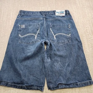 Vintage 5 5ive Jungle Denim Shorts Men 36 Y2K Baggy Wide Leg Embroidered Jorts - Picture 1 of 10