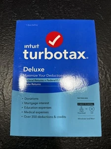 ๐ฅ NEW Turbotax Deluxe 2022 Federal Returns E-File + State PC/Mac CD/Download - Afbeelding 1 van 4