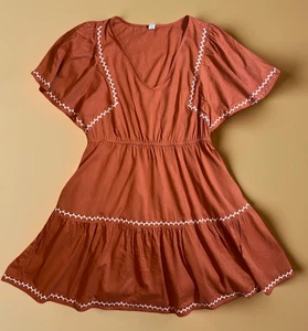 Old Navy Dress Womens Orange Large Embroidered Boho western short sleeve - Picture 1 of 7
