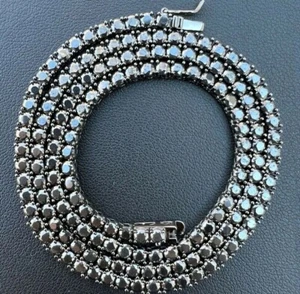 3 mm 30 Ct. Round Cut Black diamond Hip- Hop 18" Necklace In 925 Sterling Silver - Picture 1 of 4