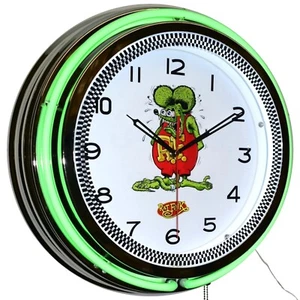 19" Rat Fink Hot Rod Double Neon Clock Garage Man Cave Decor (Green) - Picture 1 of 6