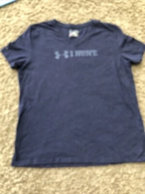 Under Armour T-Shirt Women’s XL Loose Fit Heatgear “I Hunt” VNeck Blue Logo - Image 1 of 4