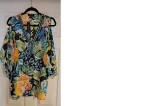 Blusa túnica Melissa Paige hombro frío verde azul floral con cuentas talla grande - Imagen 1 de 5