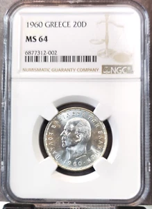 1960 GREECE SILVER 20 DRACHMA SELENE MOON GODDESS PAUL I NGC MS 64 BRIGHT BU - Picture 1 of 3