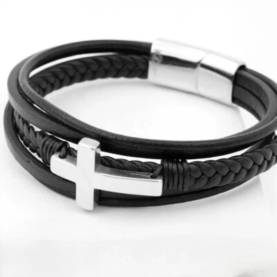 Men's 8" Stainless Steel,Silver Cross Braided Leather*Magnetic,Bracelet*BOX - Image 1 of 3