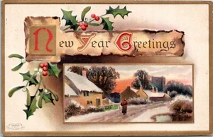 New Year Greetings PostcardDavidson Bros 1403 Winter Village Vintage 1910 OY - Picture 1 of 2