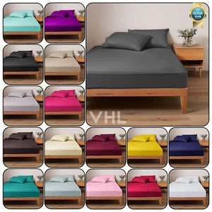 Plain Dyed Fitted Sheet Non-Iron Poly Cotton Percale Bedsheet And HW Pillowcases - Picture 1 of 93