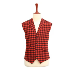 Mens Vest Suit Lapel Plaid Check Red Black Wool Formal Wedding Waistcoat XL 46 - Picture 1 of 9