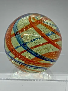 Aventurine Swirl 3.5” Red And Blue Ribbon Paperweight Signed - Picture 1 of 7