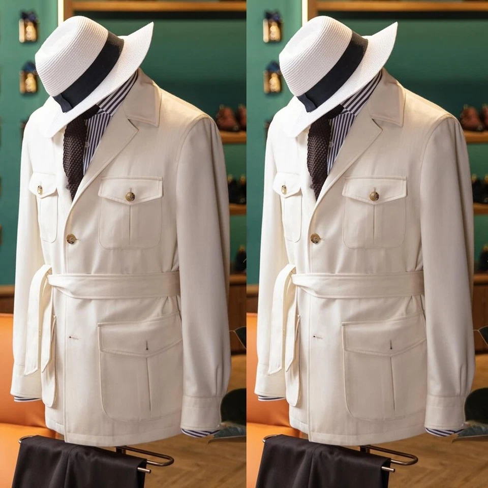 Trajes Crema Para Hombre Chaquetas Safari con Cinturón Informal Baile de graduación Exterior Caza Abrigo Pantalón Foto 1 de 4