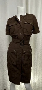 BURBERRY LONDON Dress Size 4 Brown Button Down Solid Belted 90s - Picture 1 of 12