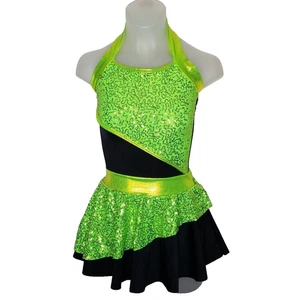 Varsity LEOTARD & CIRCLE SKIRT Green Sequin Tap Dance Costume Child Large - Picture 1 of 7