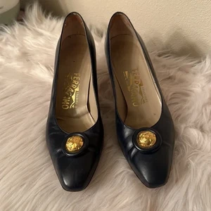 Vintage Salvatore Ferragamo Pumps Shoes Navy blue Leather Slip-On Size 9A - Picture 1 of 9